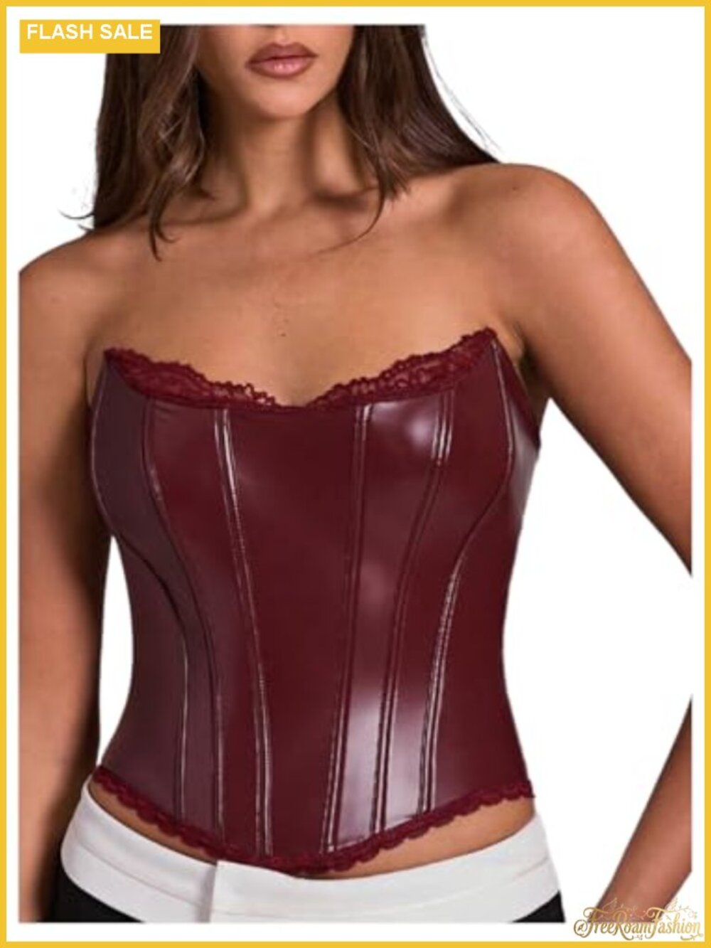 PU Leather Corset Tube Top Lace Up Back Strapless Bandeau Bustier Crop Top